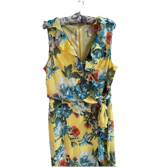 LONDON TIMES Sleeveless Flowy Floral Faux Wrap Dress Size 14 Yellow Vacation - Picture 2 of 7
